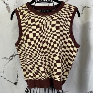 Motel Rocks Gaira Knit Vest Sweater Brown Cream Square Flag Crewneck Sleeveless